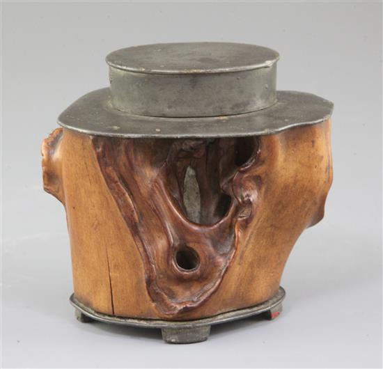 A Chinese rootwood and pewter mounted tea canister, 19th century, height 9.5cm